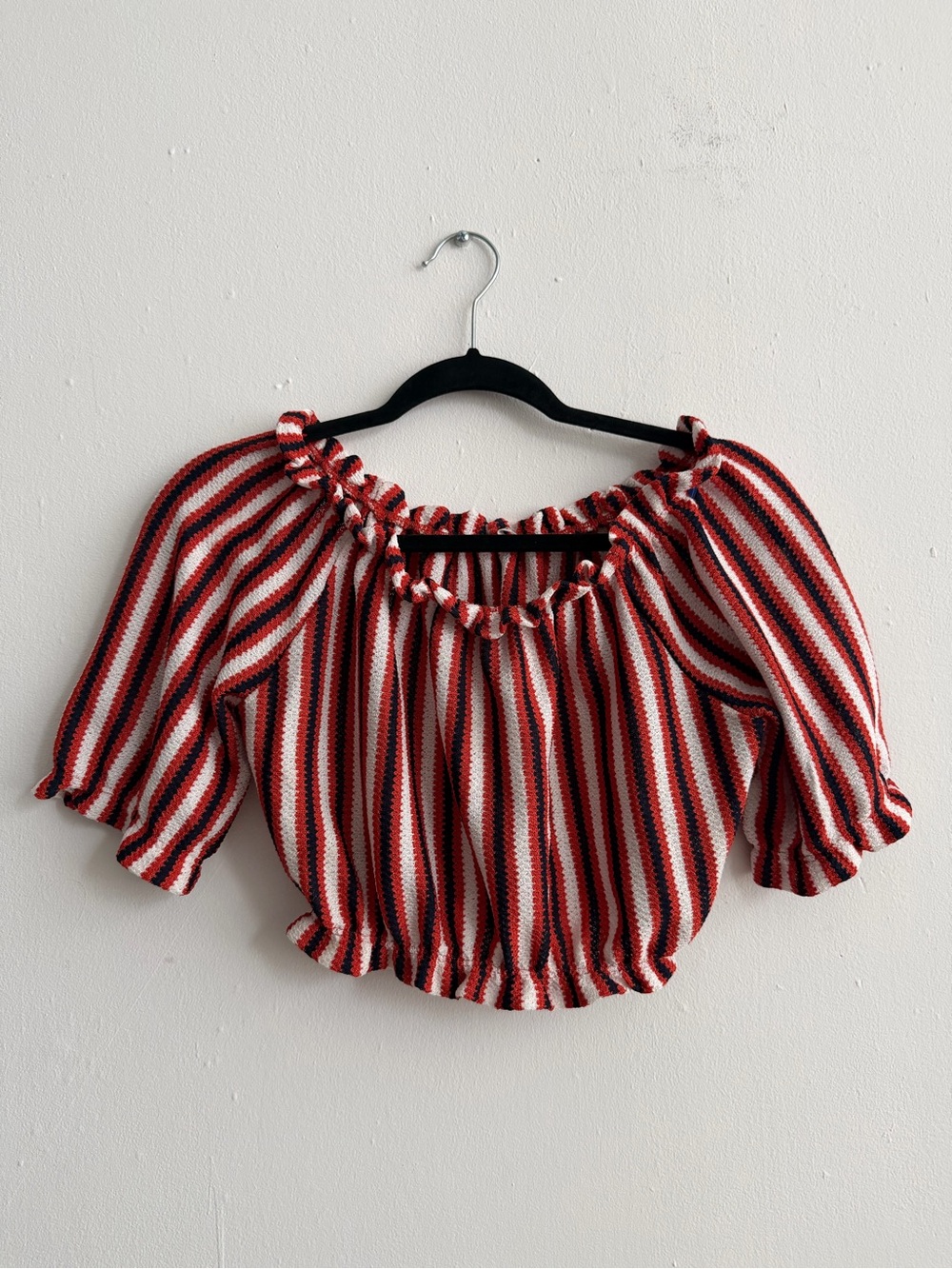 Pull&Bear Red, White & Blue Striped Off-Shoulder Crop Top